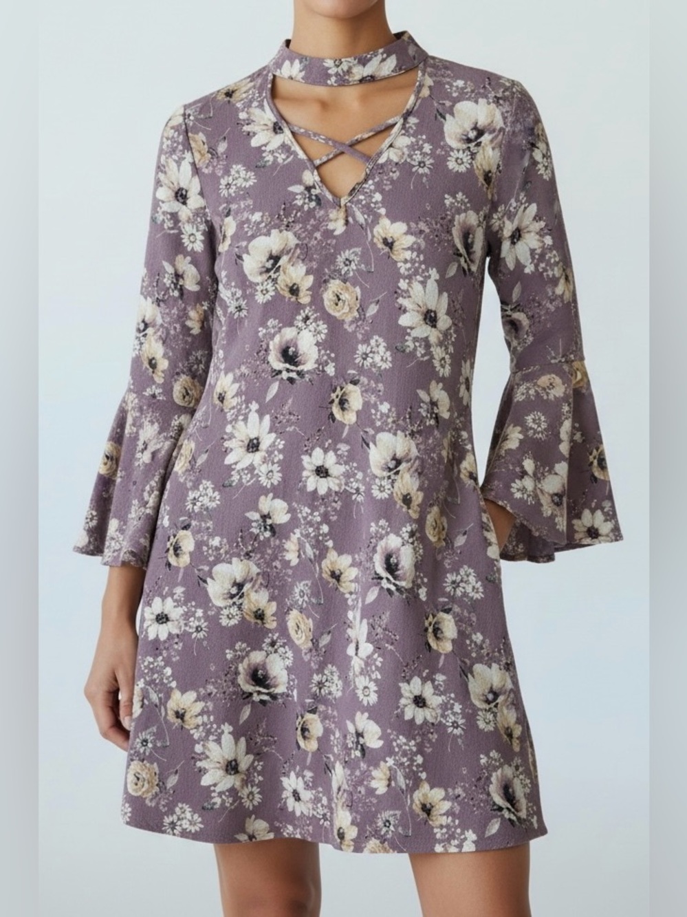 Andree by UNIT Floral Print Choker Neck Bell Sleeve Dress Size L